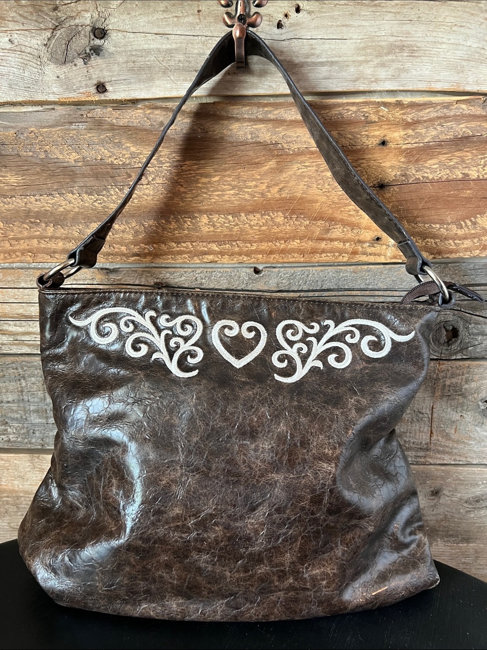 Brown Leather Shoulder Bag with White Scroll Heart Embroidery